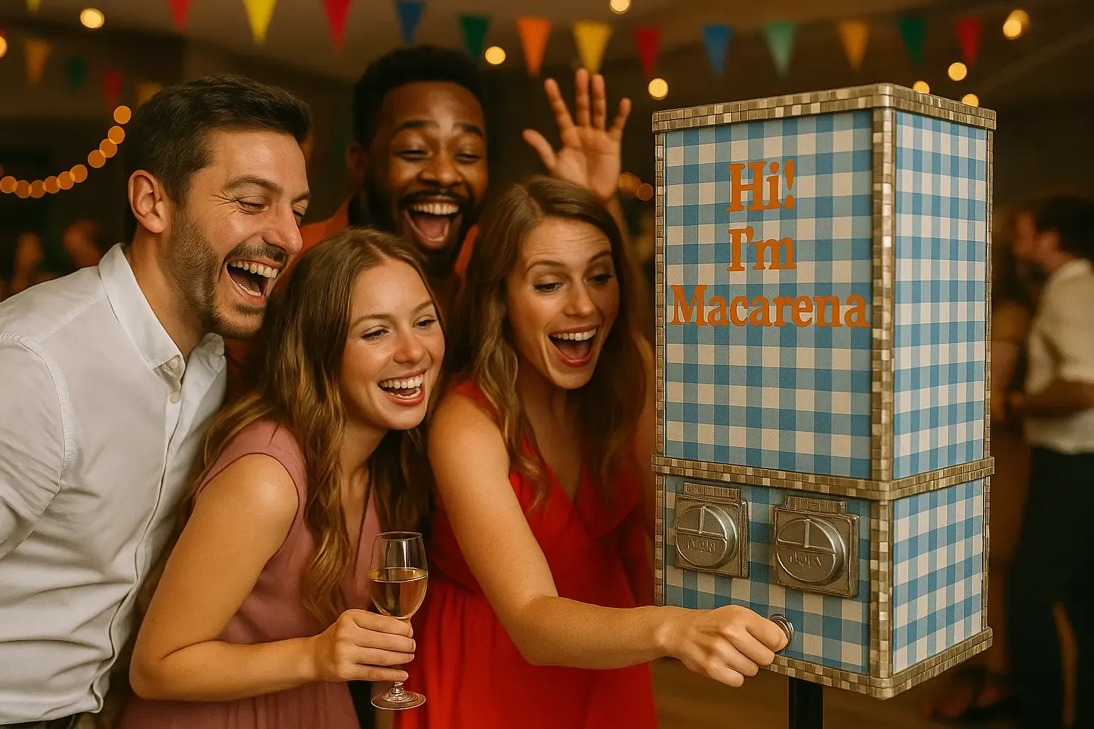 Máquina de stickers Macarena en fiesta con amigos
